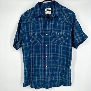Ariat Men's Pear Snap Retro Fit Short Sleeve‎ Blue Plaid Shirt Size Medium
